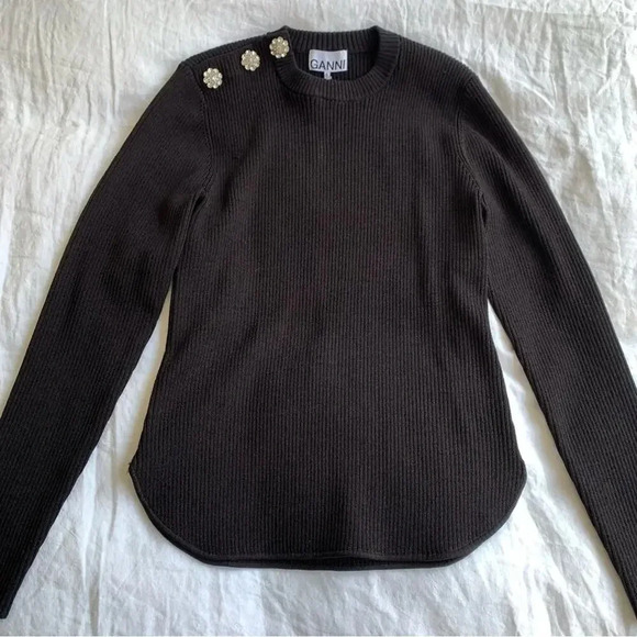 Ganni Crystal Rhinestone Shoulder Ribbed Sweater Pullover Top Brown - Picture 3 of 6